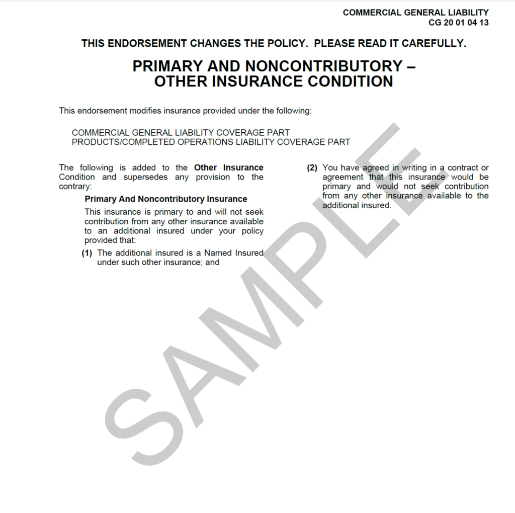 Primary and Noncontributory Endorsement Sample Policy
